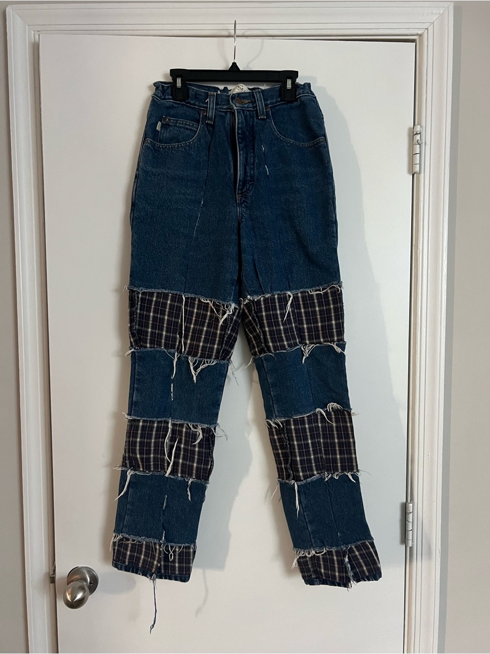 Thrifted L.L. Bean Dark Blue Denim Straight Jeans with Plaid Patch Panels